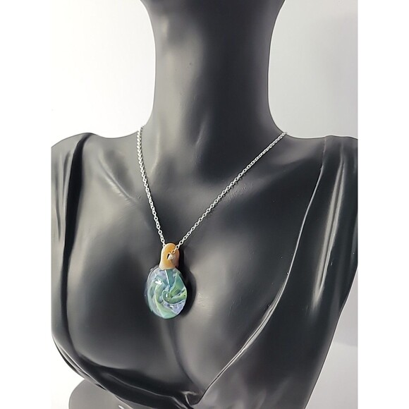 Vintage Handcrafted Art Glass Pendant Necklace Swirl Design in Blue Green Aqua - Picture 8 of 14
